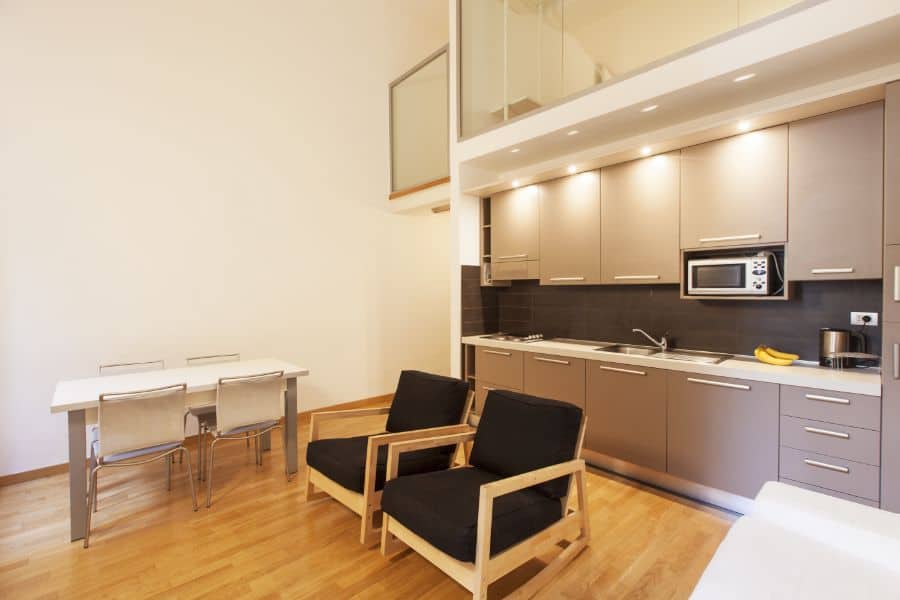 modern kitchen with gray cabinets