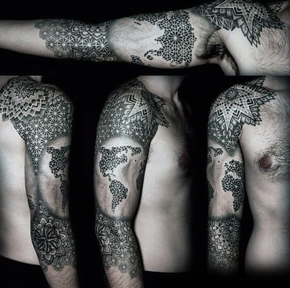 Wold Globe Mens Geometric Full Sleeve Travel Tattoos