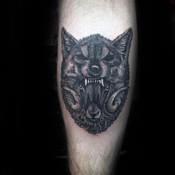 Wolf And Ram Mens Leg Calf Tattoos