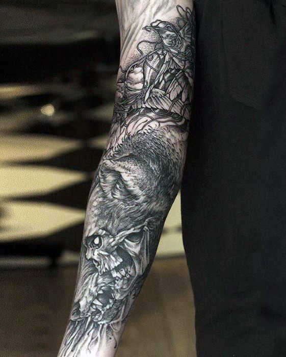 Wolf And Skull Unique Forearm Tattoos For Males