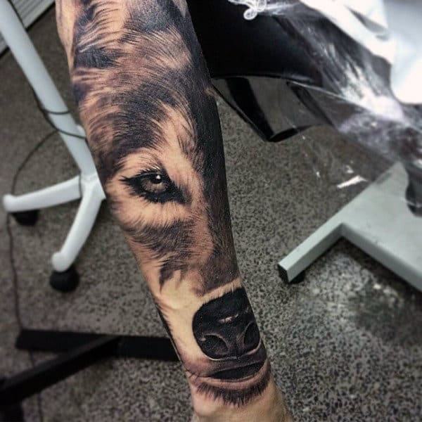 Wolf Black Ink Forearm Guys Tattoo Ideas