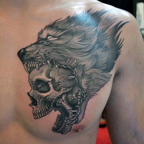 Wolf and skull chest tattoo