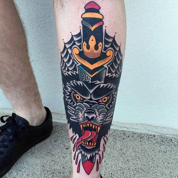 Wolf Dagger Mens Old School Shin Tattoos