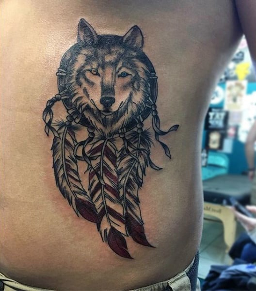 Wolf Dreamcatcher Rib Cage Side Of Body Male Tattoos