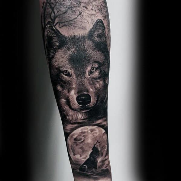 Wolf Howling At Moon Guys Realistic Forearm Sleeve Tattoo Ideas