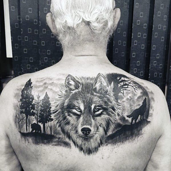 Wolf Howling At The Moon Cool Upper Back Tattoos For Men