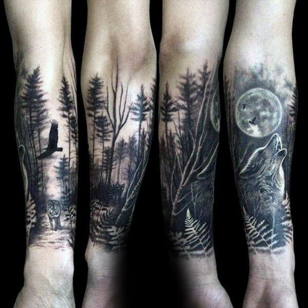 Wolf Howling At The Moon Male Forest Tattoo Sleeve On Forearms