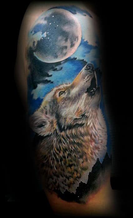 Wolf Howling At The Moon Realistic Guys Arm Tattoo