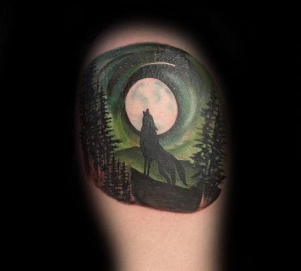 Wolf Howling At The Moon With Northern Lights Background Mens Arm Tattoo