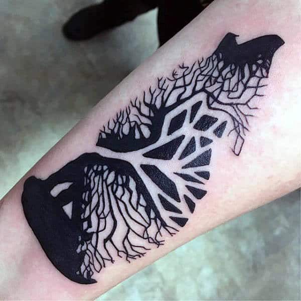 Wolf Howling Silhouette Tree Tattoos For Guys