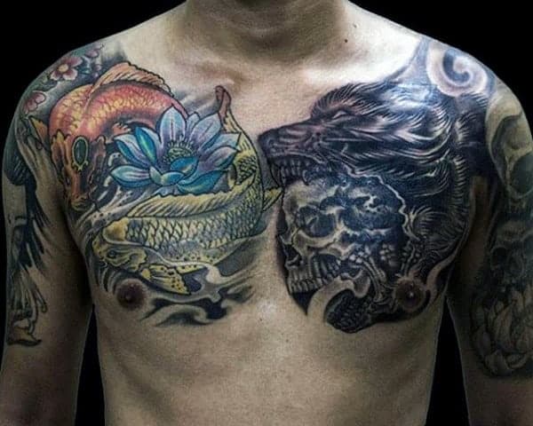 A man with a chest tattoo showcasing Japanese artistry, featuring koi fish, a lotus flower, a fierce wolf, and skulls
