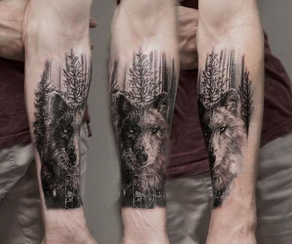Wolf In Forest Mens Forearm Tree Tattoo Design Ideas