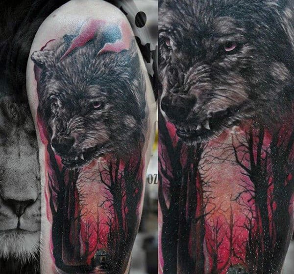 Wolf In Glowing Red Forest Mens Half Sleeve Tattoos