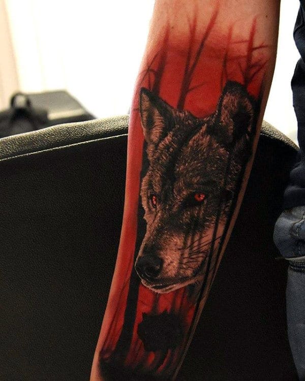 Wolf In Red Forest Guys Masculine Inner Forearm Tattoos