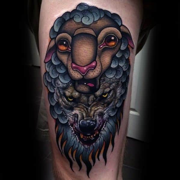 Wolf In Sheeps Clothing 3d Thigh Tattoos Men