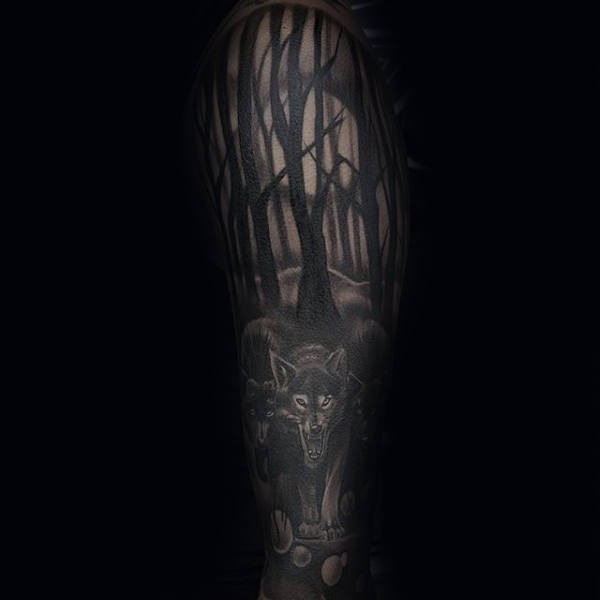 Wolf In The Woods Dark Mens Tree Sleeve Tattoos