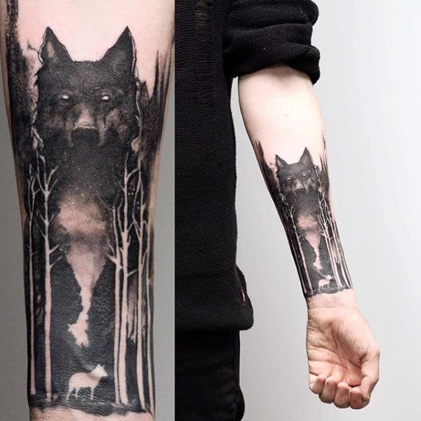 Wolf Negative Space Tree Sleeve Forearm Tattoo On Man