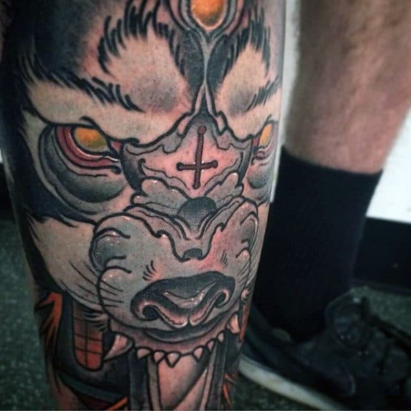 Wolf Neo Traditional Guys Shin Tattoo