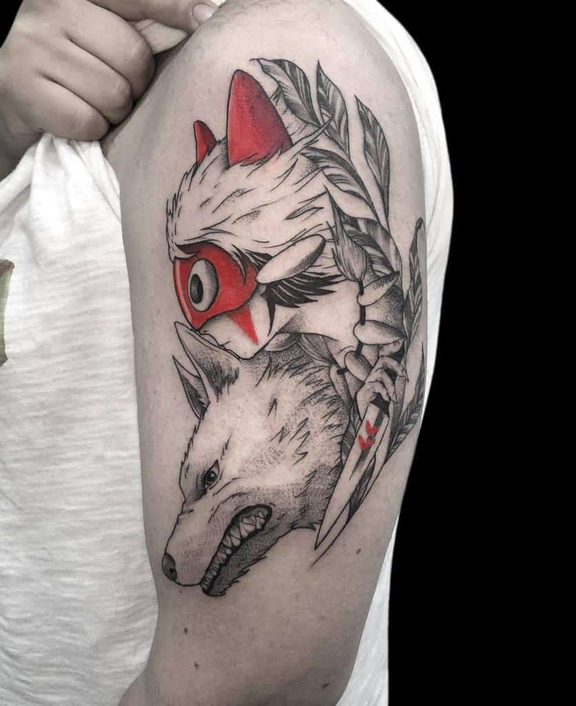 Black and red tattoo of San’s wolf mask, Moro, a blood-stained dagger, and laurel leaves, blending bold lines with subtle shading.