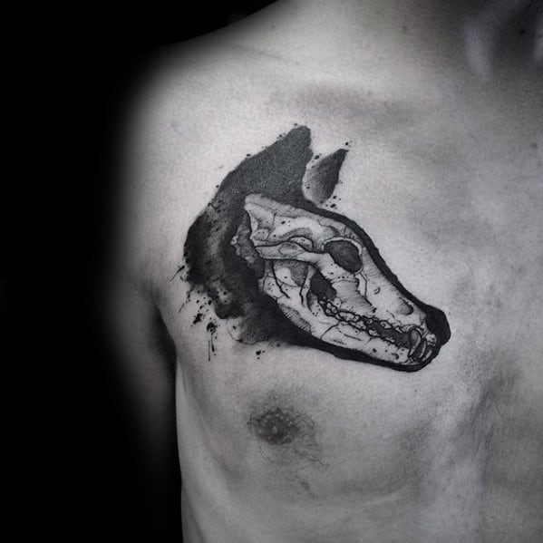 Wolf Skull Cool Watercolor Mens Small Upper Chest Tattoos