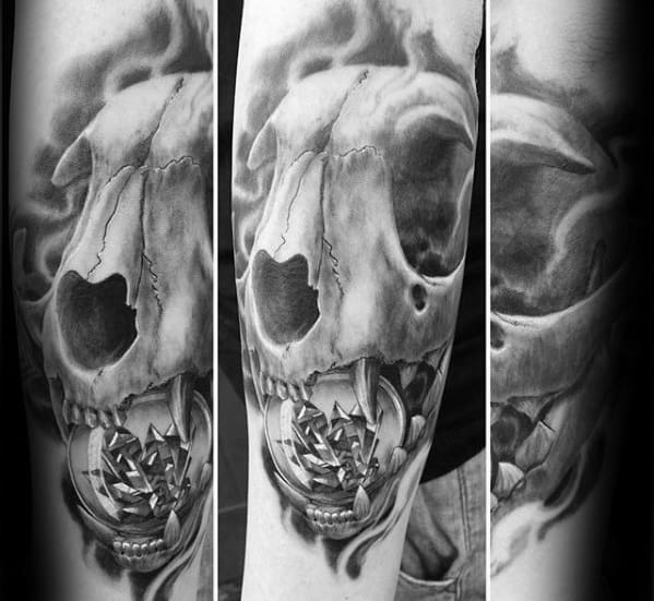Wolf Skull With Crystal Globe Mens Forearm Tattoo