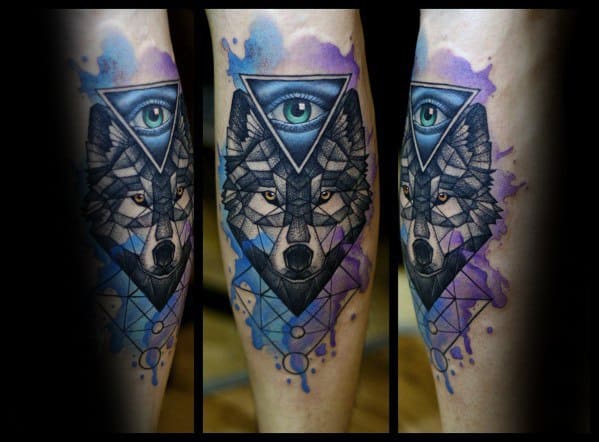 Geometric wolf tattoo with an all-seeing eye inside a triangle, cosmic patterns, and purple watercolor background for a mystical, symbolic design.