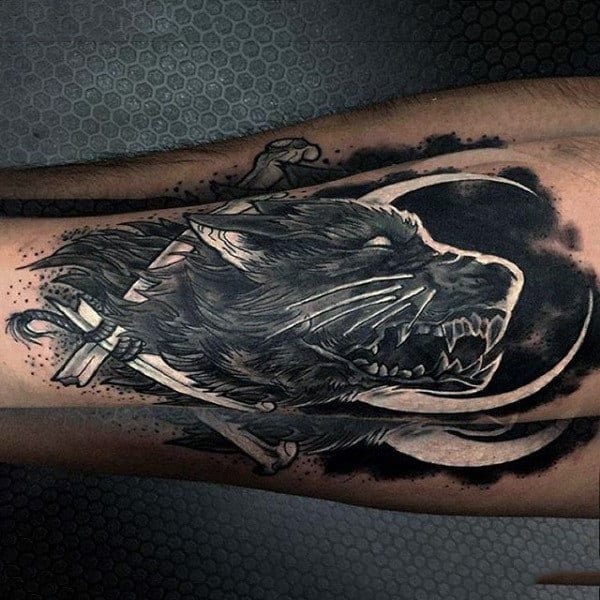 Wolf White Ink Shaded Mens Leg Tattoo Ideas