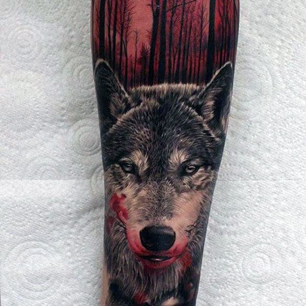Wolf With Blood Red Forest Mens Realistic Forearm Sleeve Tattoo