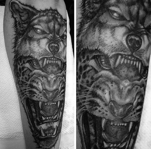 Wolf With Cheetah Mens Shaded Black And Grey Outer Forearm Tattoo