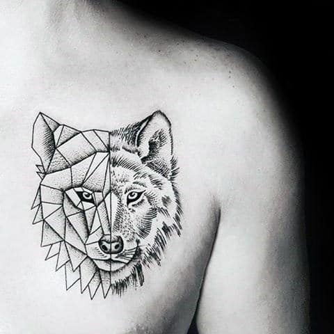 Minimalist chest tattoo of a wolf, with one half depicted in realistic detail and the other half in a geometric pattern design