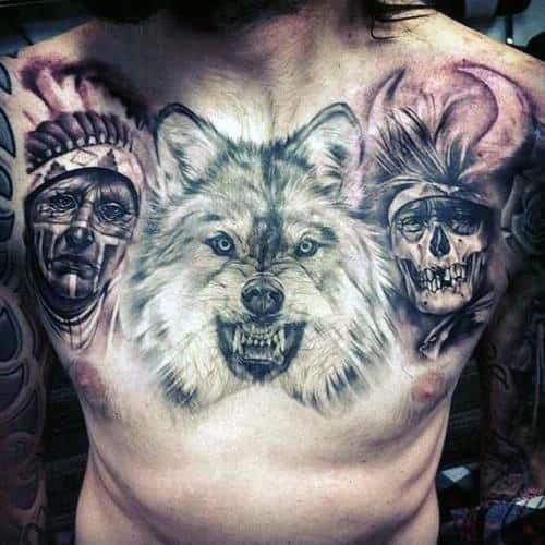 Wolf With Indian Skull Native American Chest Tattoos For Men