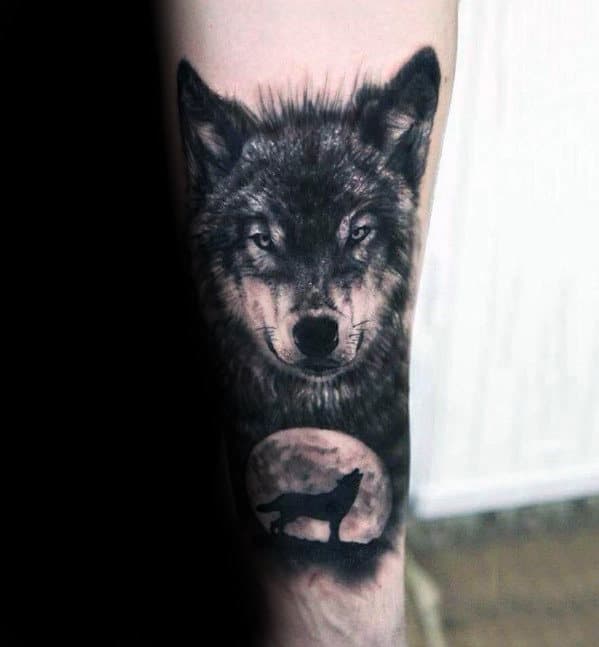 Wolf With Moon Guys Manly Forearm Realistic Tattoo