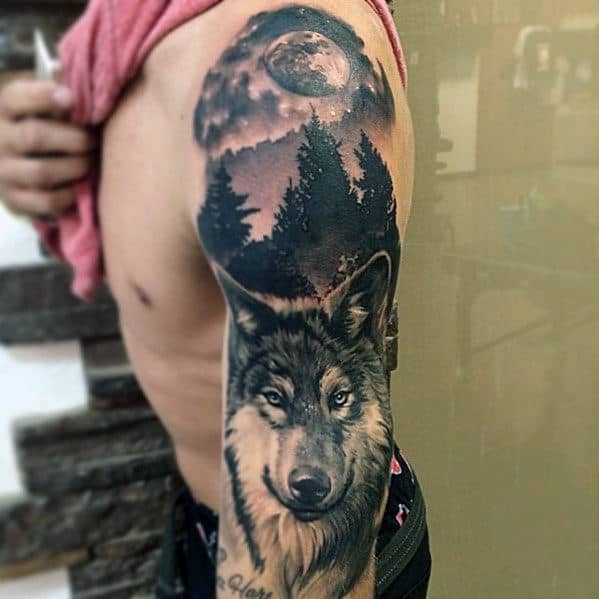 Wolf With Moon Guys Realistic Full Arm Sleeve Tattoo