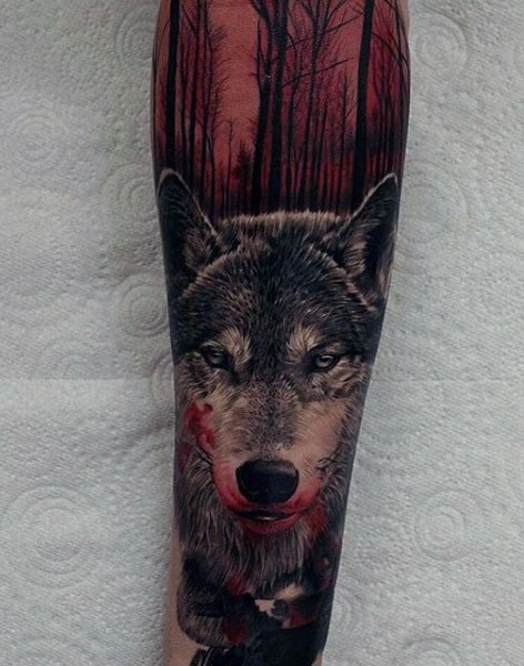 Wolf With Red Ink Forest Guys Sleeve Tattoo Ideas
