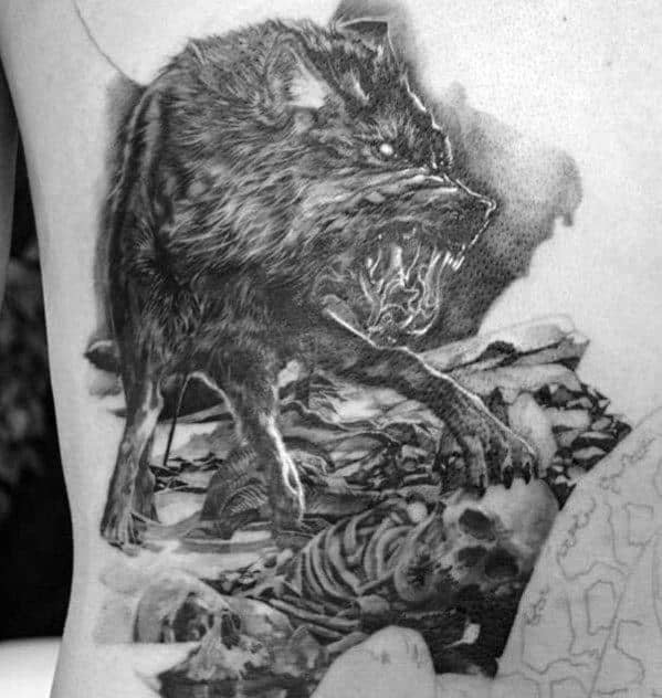 Wolf With Skeleton Realistic Rib Cage Side Tattoos For Guys