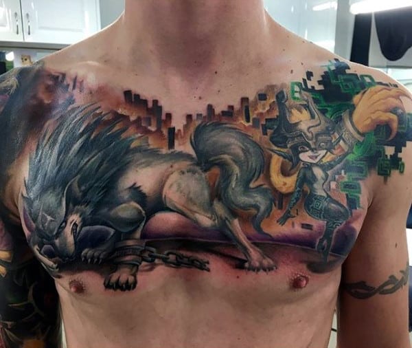Wolf Zelda Mens Upper Chest Tattoos