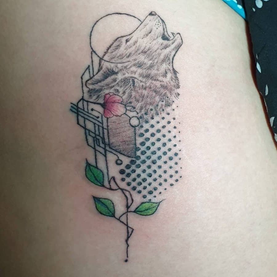 Minimalist wolf tattoo with geometric shapes, floral elements, and dot shading, blending nature and abstract art for a unique design.