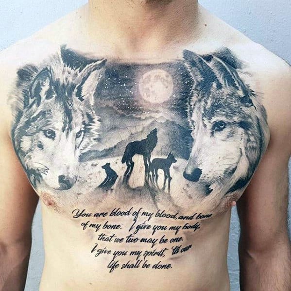 Wolves Howling At The Moon With Quote Guys Cool Chest Tattoo