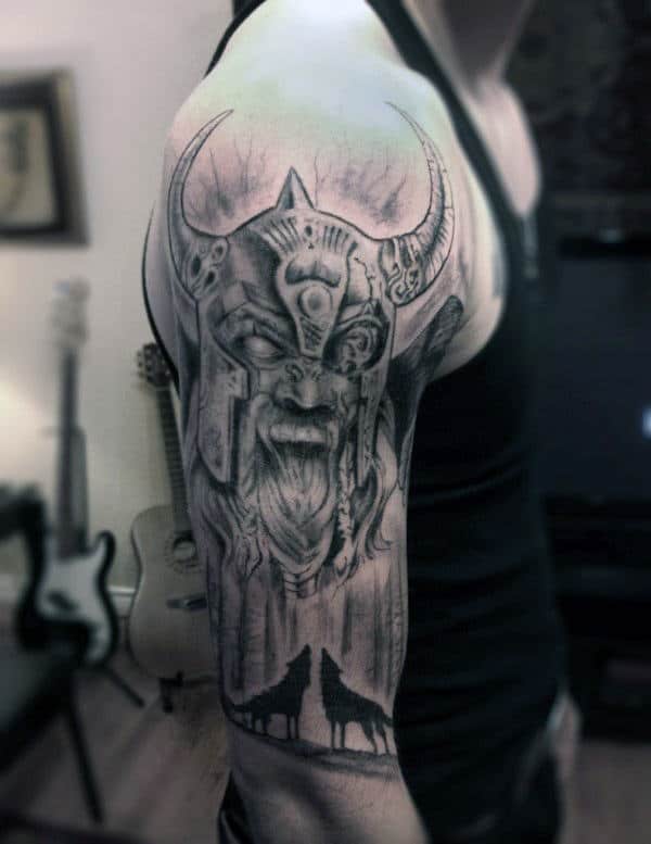 Wolves Howling With Odin Mens Half Sleeve Tattoo