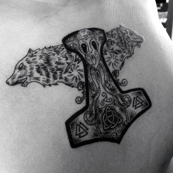 Wolves Mjolnir Mens Ornate Upper Chest Tattoos