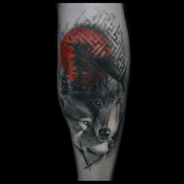 Wolves Trash Polka Mens Leg Calf Tattoos
