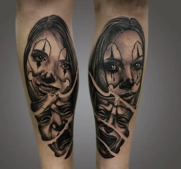Woman And Mask Mens Leg Calf Chicano Tattoos