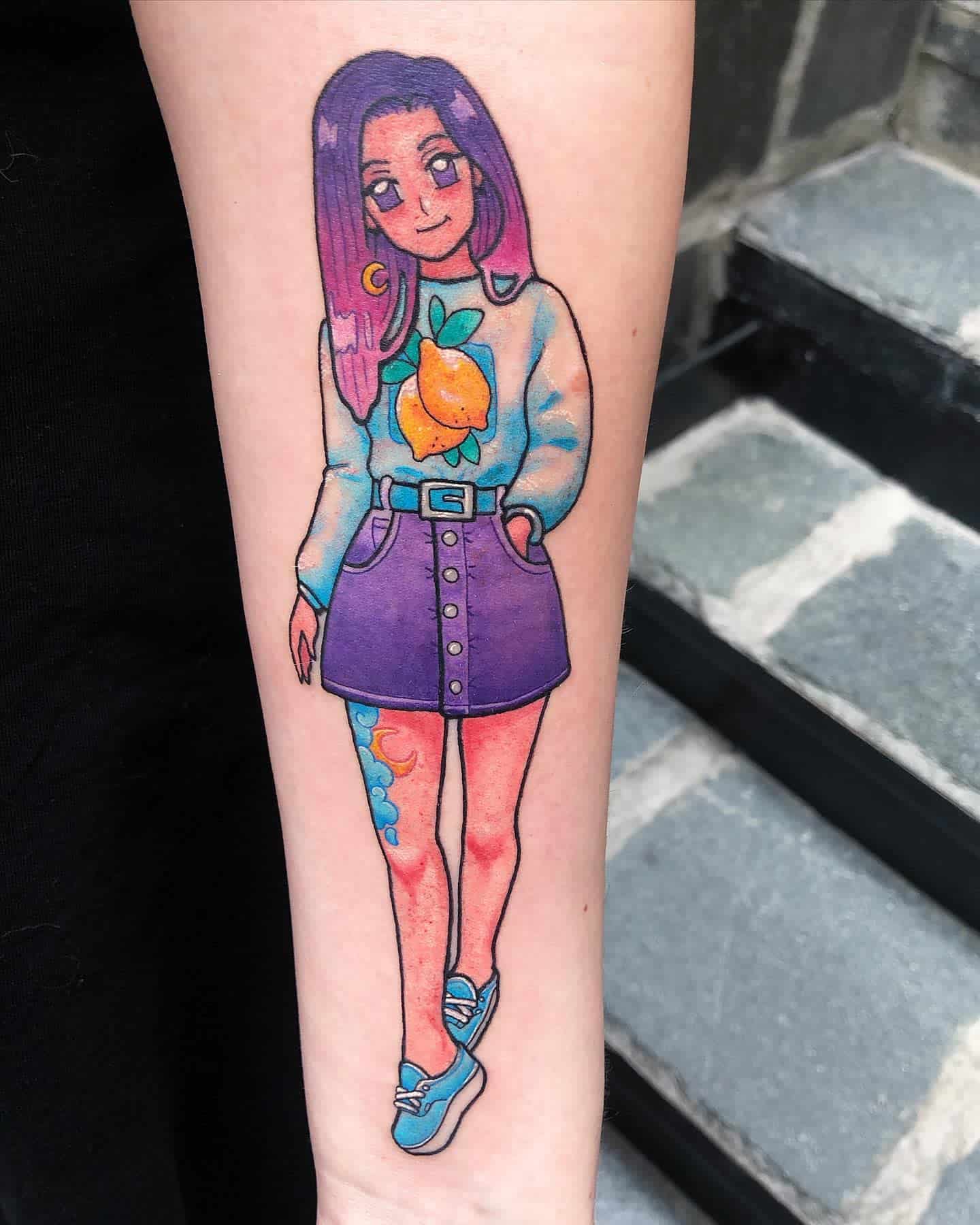 Vibrant anime-style tattoo of a cute girl with purple hair, a lemon sweater, and a stylish skirt