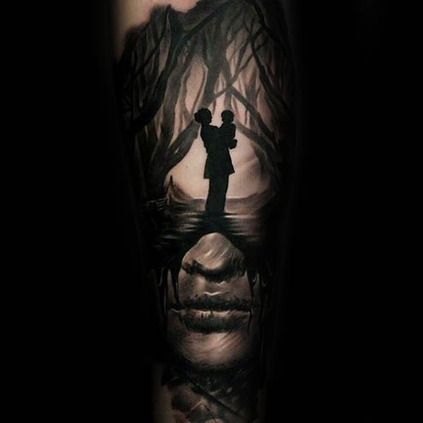 Woman Holding Child In Woods Guys Silhouette Forearm Sleeves