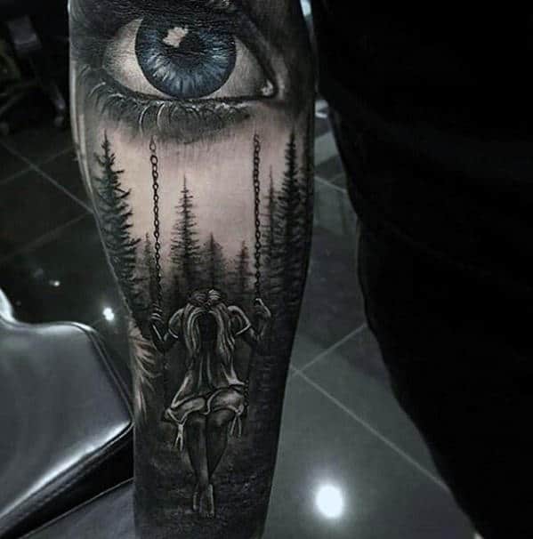 Woman In Forest With Blue Eye Guys Realistic Forearm Sleeve Tattoo