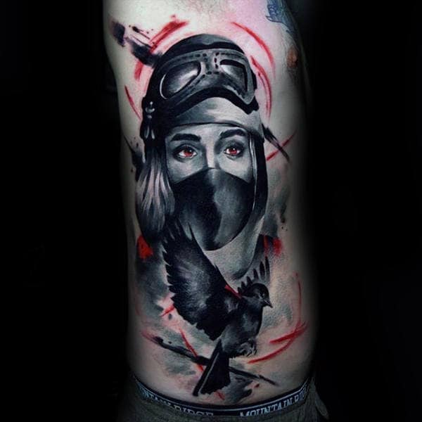 Woman With Googles And Mask Trash Polka Mens Rib Cage Side Tattoo