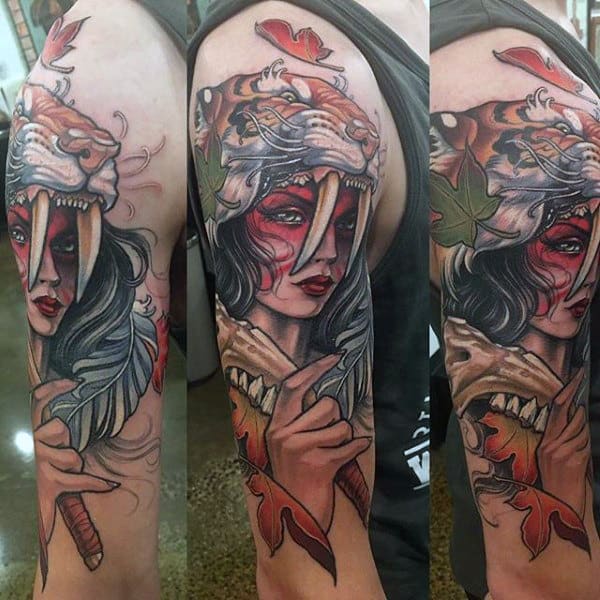 Woman With Lion Head Maple Leaf Mens Arm Tattoos