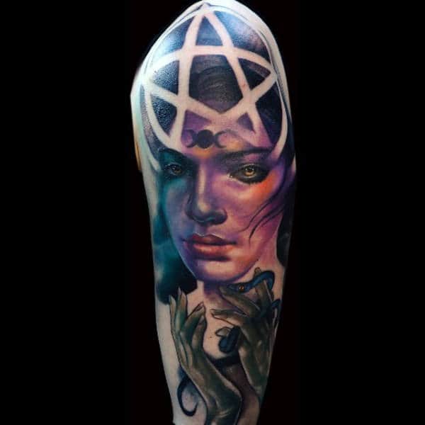 Woman With Pentagram Shape On Her Head Tattoo Male Sleeves