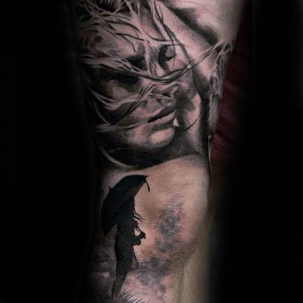 Woman With Umbrella Guys Silhouette Leg Tattoo