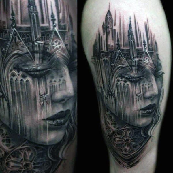 Womans Face Castle Tattoo On Mans Upper Arm